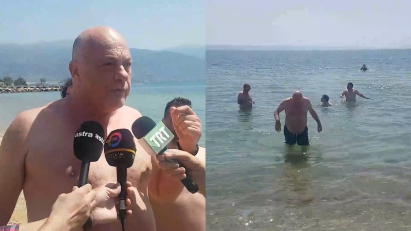 Δροσερός Αχιλλέας Μπέος... για επιθεώρηση: Πήγε να ελέγξει την παραλία με μαγιό κι έκανε το συμβολικό του πρώτο μπάνιο